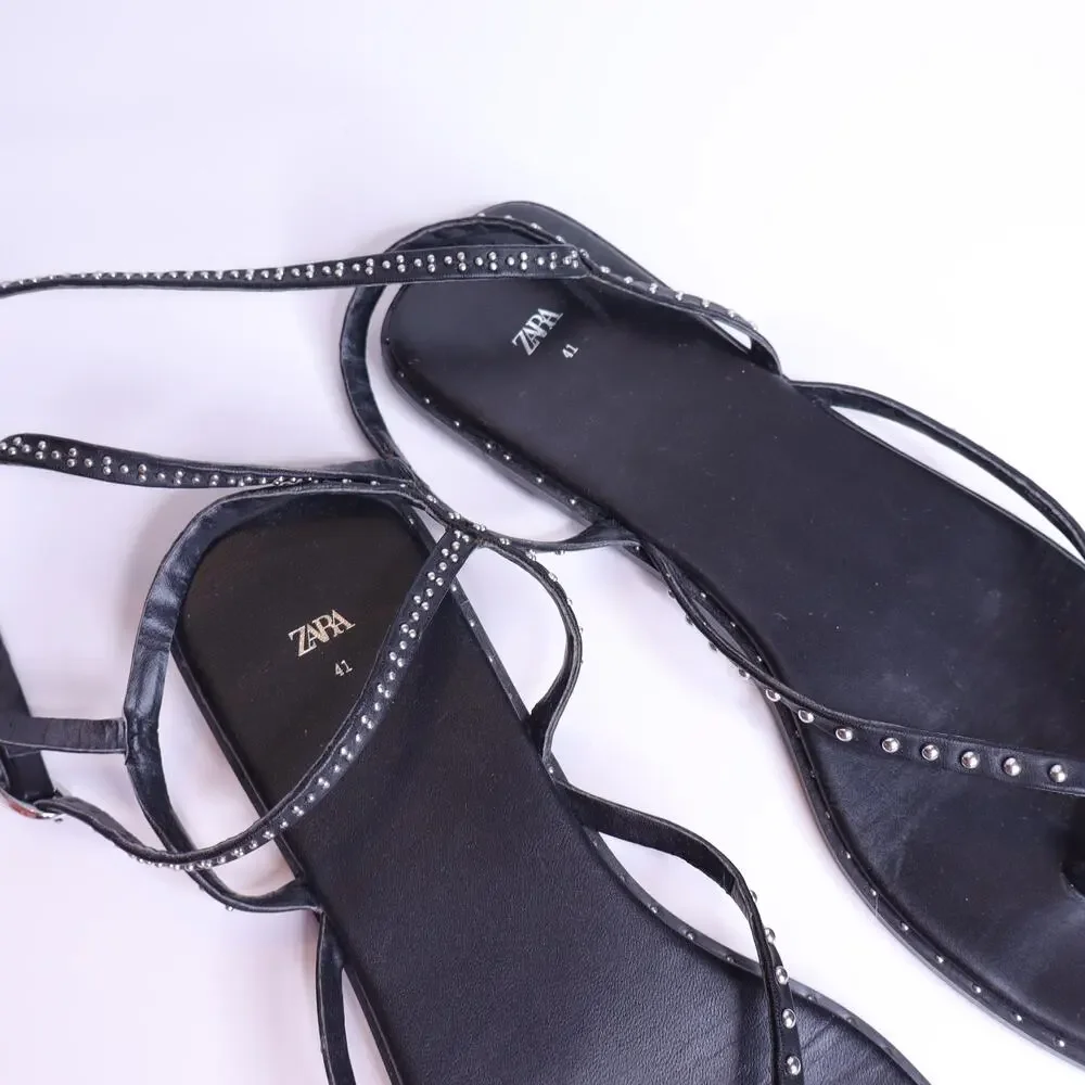 ZARA Studded Flat Wrap Sandals Silver Black Leather Women's 41/US 10 - Picture 2 of 8